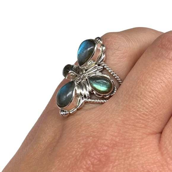 Blue Fire Flash Labradorite Ring Size 7.5 Solid Sterling Silver 925 Statement - Picture 5 of 12
